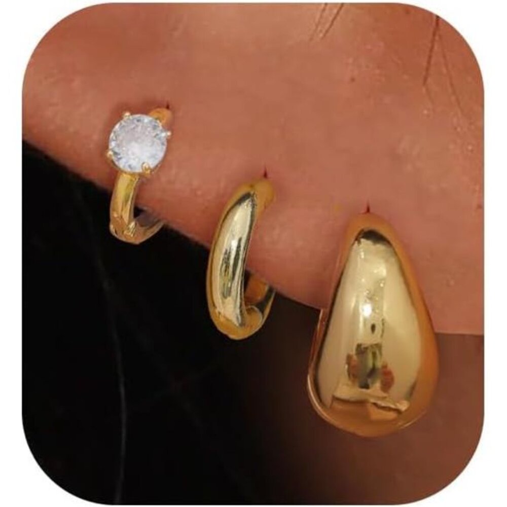 Gold Hoop Huggie Earrings Set | 3PCS Chunky & Trendy Fashion Hoops